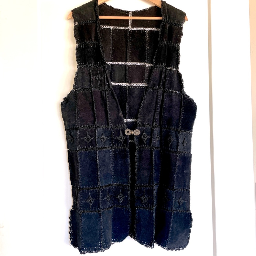 SUEDE patchwork long boho sleeveless vest with Button Detail and crochet